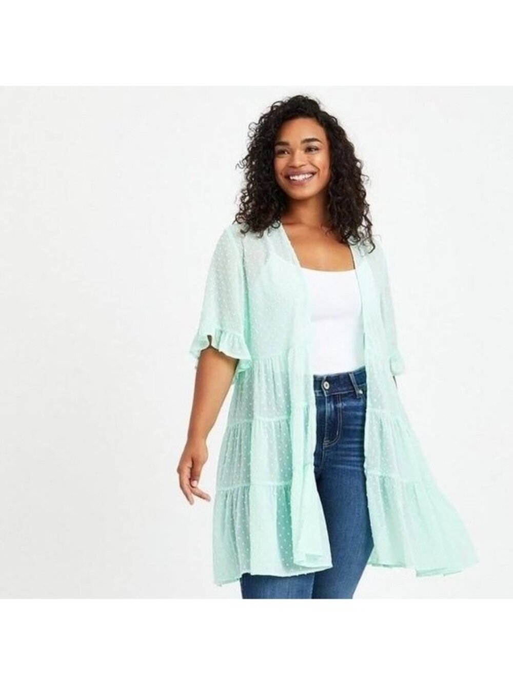 TORRID Clip Dot Ruffle Kimono Coverup Mint Green Open Front